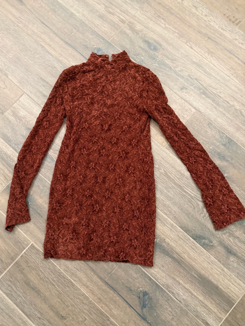 Zara Textured Long-Sleeve Mock Neck Dress in Rust